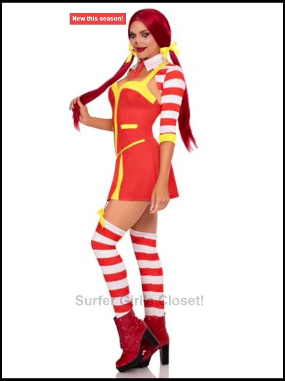 Sexy Ketchup Clown Costume Garter Dress with Thigh Highs, Collared Shrug & Hair - Picture 4 of 5